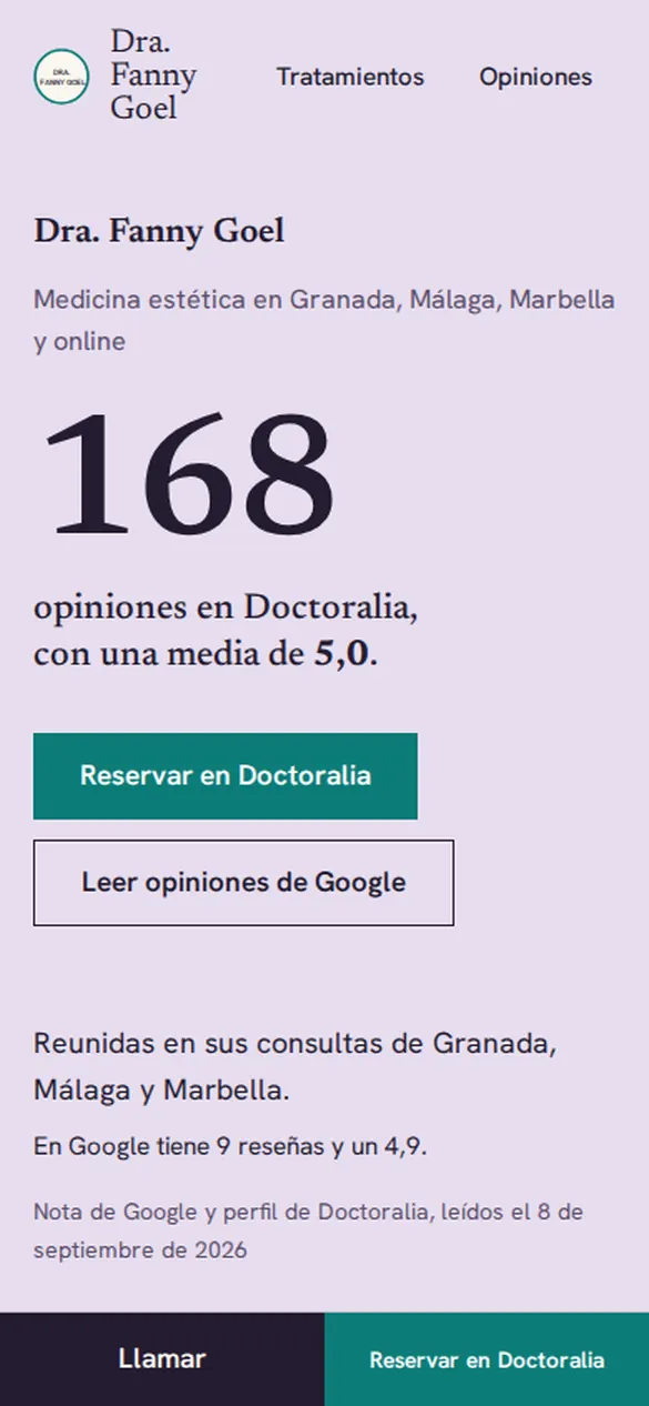 Primera pantalla de la web de la Dra. Fanny Goel en un móvil