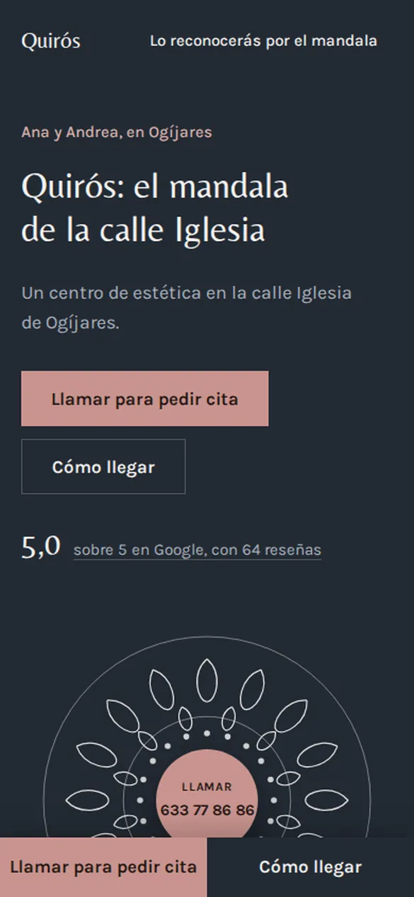 Primera pantalla de la web de Estética Quirós en un móvil