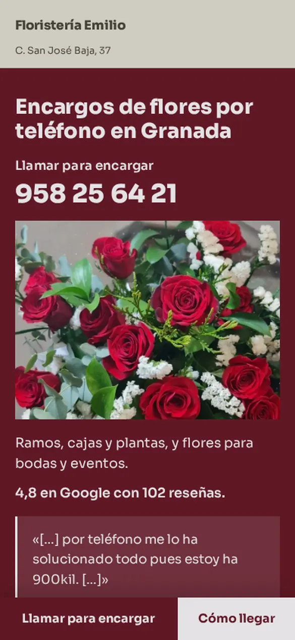 Primera pantalla de la web de Floristería Emilio en un móvil