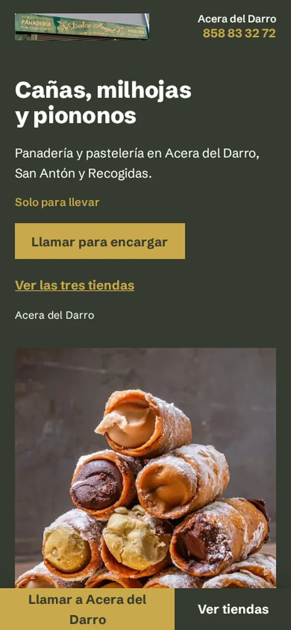 Primera pantalla de la web de Pastelería Dulce Ángel en un móvil
