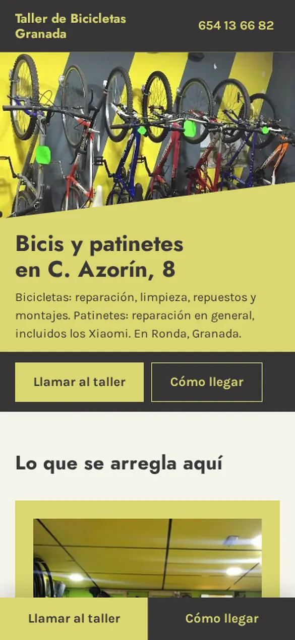Primera pantalla de la web del Taller de bicicletas y patinetes en un móvil